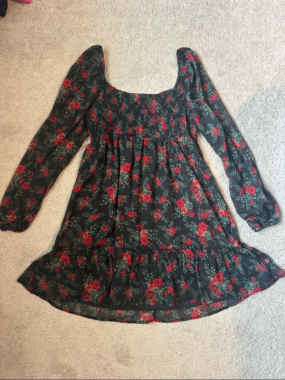 Altar'd State Black Floral long sleeve dress with Red and Green Print